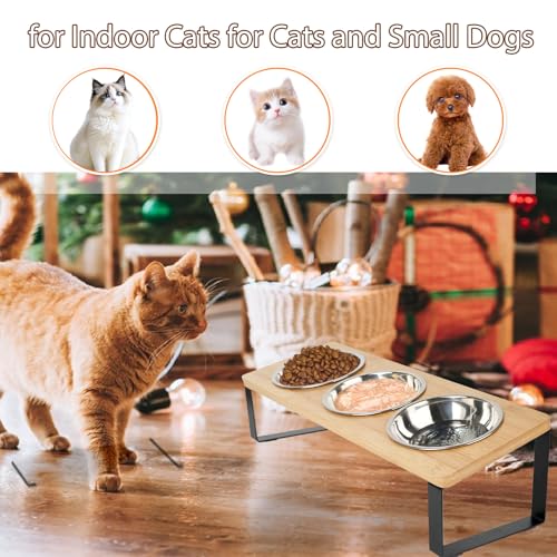 Elevated Cat Bowl, 15° Tilted Cat Bowl Stand with 3 Stainless Steel Bowls for Indoor Cats and Pet, Raised Cats Bowls for Food and Water