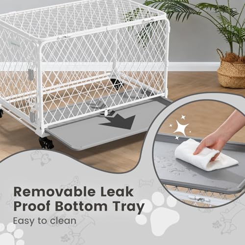 36 Inch Collapsible Dog Crate with Diamond Mesh, No-Tool Assembly Foldable Dog Kennel with 4 Lockable Wheels,Removable Tray,Portable Dog Cage for Medium/Large Dogs, Space-Saving, Indoor Outdoor Use