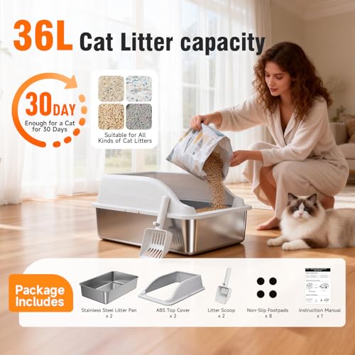 2PACK Stainless Steel Cat Litter Boxes, XL Large Metal Litter Box with High Sides Lid, Odor Free Litter Pan Include Scoop Easy Cleaning Anti-Scratch Kitty Cat Box Anti-Urine Leakage, Non-Sticky