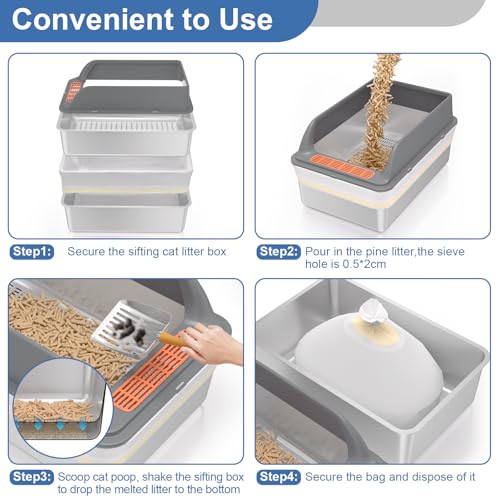 Stainless Steel Sifting Litter Box with Lid, XL Extra Large Sifting Cat Litter Box for Pine Pellets & Big Cats,Metal Pellet Sifter Litter Pan System for Odor Control,Sifting Box Liners & Scoop