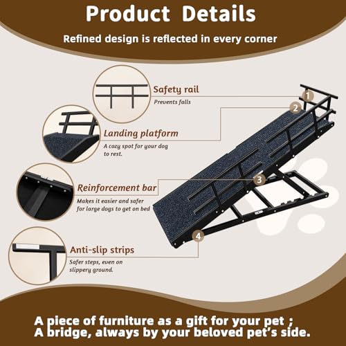 Dog Ramp for Bed - 65" Length, Supports up to 32" Height,Includes Non-Slip Replaceable Carpet, Safety Rails & Landing Platform,Adjustable & Foldable Pet Ramp for Large/Senior Dogs to Get on Bed-Black