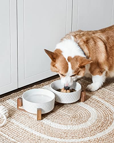 LE TAUCI Dog Bowl Set with Acacia Wood Stand - 1.5-Cup Ceramic Puppy Bowls for Small Dogs, Dual Food and Water Bowls with Weighted Non-Slip Base