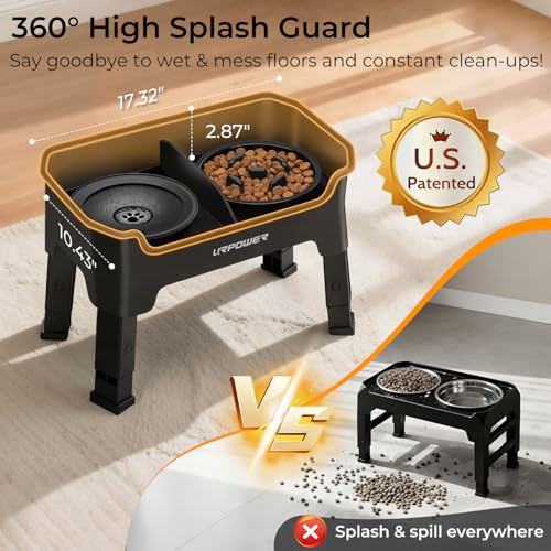 URPOWER Mess Proof Elevated Dog Bowls 4 Height Adjustable Raised Stand with No Spill Water Bowl and Slow Feeder Dog Bowls Non-Slip Food and Water Bowl Set for Small, Medium & Large Dogs
