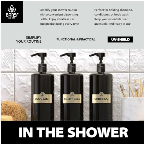 Bar5F 1-Liter BPA-Free Black Pump Bottles – Refillable PET Plastic Dispensers for Shampoo, Conditioner & Body Wash with UV Shield Gloss Finish, Heavy-Duty 3-Pack