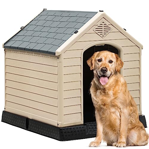 YITAHOME 41'' Large Dog House, Weather Resistant Doghouse for Outdoors Indoors w/Easy Assembly Dog Kennel, Air Vents and Elevated Floor (41''L*38''W*39''H, Gray+Brown)
