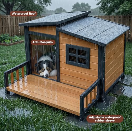 RUNSHED Insulated Outdoor Dog House for Small and Medium-Sized Dogs, Weatherproof Wooden Shelter with Elevated Floor & Ventilation, Easy Assembly (39.3” L x 37.5” W x 30” H)