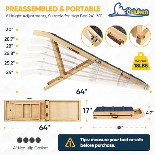 𝟐𝟎𝟐𝟔 𝐔𝐩𝐠𝐫𝐚𝐝𝐞𝐝 Dog Ramp for Bed, 64" Long Foldable Pet Ramp for Small Large Dogs, Dog Ramps for High Beds Car, High Traction with Platform 6 Adjustable Heights 24" to 30" Up to 220LBS, Wood