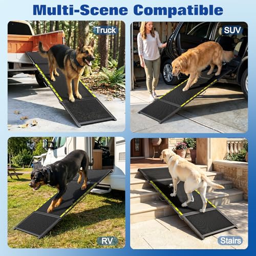 74" L x 20" W Extra Long Dog Ramp for Car - Wider Portable Pet Ramp for Large Dogs, Foldable Dog Car Ramps for Truck, SUV, RV & Bed, Outdoor Dogs Ramps with Non-Slip Mesh Supports Up to 250LBS, Black