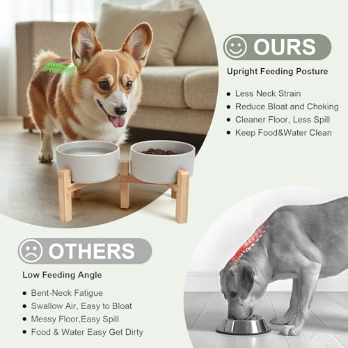 SPUNKYJUNKY Elevated Dog Bowls Ceramic, 6.1'' Dogs and Cat Food Water Bowls Raised with Non-Slip Bamboo Stand for Medium Sized Breed Microwave Dishwasher Safe - 28.7 OZ,Grey