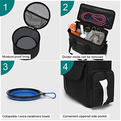 Dog Travel Bag by Modoker - Dog Travel Kit for a Weekend Away Set Includes Pet Travel Bag Organizer for Accessories, 2 Collapsible Bowls, 2 Travel Food Container (Black)