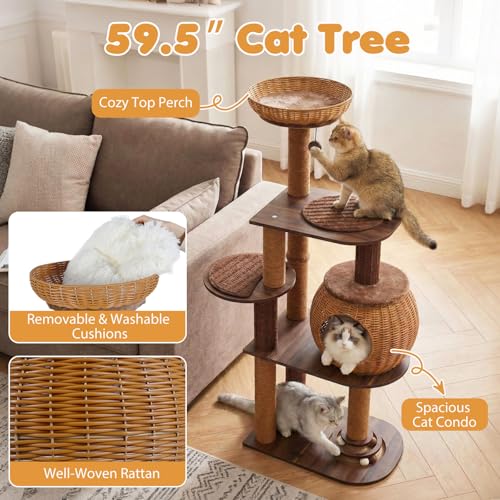 PETSITE 59.5-inch Tall PE Rattan Cat Tree, Multi-Level Modern Wooden Cat Tower with Sisal Scratching Posts, Ball Track Toy, Comfy Condo with Removable Soft Pads, and Hanging Ball, Ideal for Indoor Cat