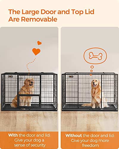 Feandrea 48 Inch Heavy Duty Dog Crate, Metal Escape Proof Dog Kennel with Double Doors and Convenient Feeding Door, Removable Tray, Easy to Clean, XXL Dog Crate for Large and Medium Dogs, Black