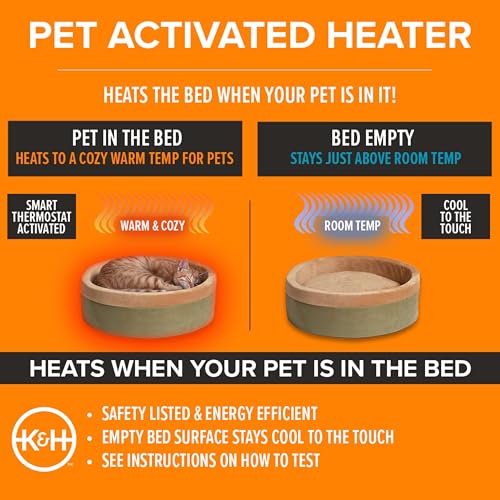K&H Pet Products Thermo-Kitty Bed Heated Cat Beds for Large Indoor Cats & Dogs, Calming Warming Pillow Pet Bed, Machine Washable, Removable Heater, Safety Listed - Large 20" Round Mocha/Tan