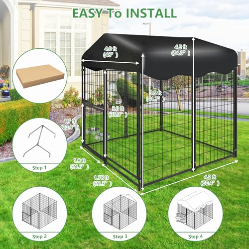 1R2P3I Dog Kennel Outdoor 4x4.2x4.5ft, Outside Dog Kennel with Roof, Large Dog Kennels with Rotating Door & 2 Adjustable Bowls, Pet Enclosures Crate Cage for Small/Medium Dogs