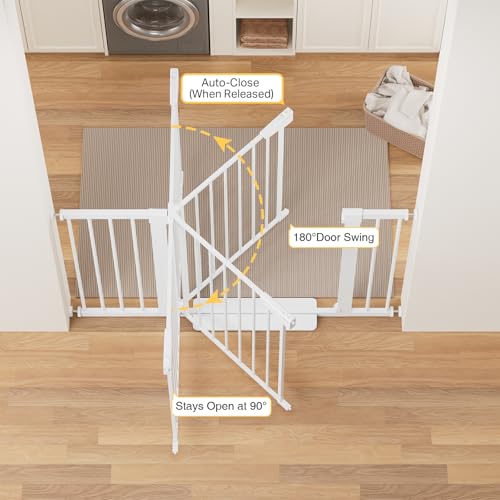Cumbor 29.7-48" Baby Gate for Stairs, Mom's Choice Awards Winner-Dog Gates for Doorways, Auto Close Safety Pet Gate for Dogs Indoor, Easy Install Pressure Mounted Child Gate with Walk Thru Door, White