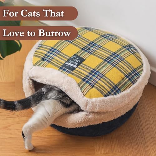 Urnat Cat Bed Cave – Enclosed Hideaway with Detachable Lid & Mat, Covered Round House for Indoor Kitten & Kitty (Yellow)