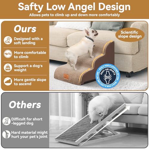Zerbuger Dog Ramp and Stair for Bed 16" H-20 H,3-Step Cat Stair for Sofa and Chair,4-Step Dog Ramp for High Bed and Window,Durable Nonslip Fabric Cover for Indoor (Coffee-16 H, Pet Friendly, 3)