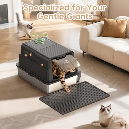 L8 Max-XXXL Stainless Steel Litter Box with Lid, 28" L x 20.5" W x 17.4" H Large Cat Litter Box for Big Cats, Cat Litter Deodorizer Included, High Sided Enclosure with Scoop & Mat, Anti-Leakage-Black