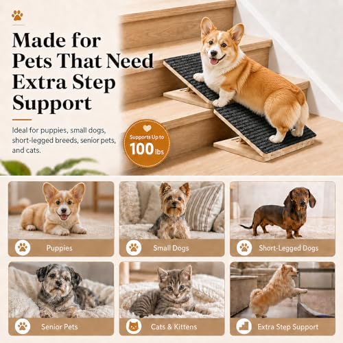 Weathrix 2 Pack Dog Ramp for Stairs - Solid Wood Adjustable & Foldable Pet Ramps, 3 Heights, Non-Slip Silicone Base & Traction Felt, 100lb Capacity, Indoor Stairs & Porch