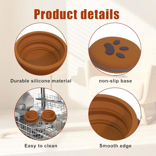 Gdsun Collapsible Dog Bowls, 2-in-1 Silicone Pet Food and Water Bowl with Carabiner, Portable Double Compartment Dish for Travel, Camping, Hiking Puppy Essentials (Brown)
