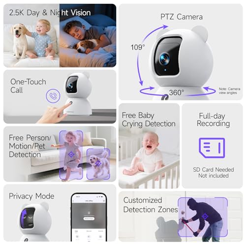 CINMOORE 2.5K Indoor Security Camera 4pack, Free AI Person/Pet/Cry Detection, 4MP Baby/Dog/Cat/Pet Camera with Phone App, Pan Tilt WiFi, Night Vision, Full Duplex Audio for Home Security