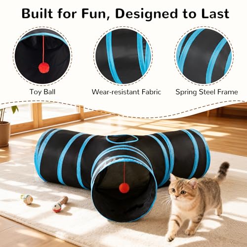Tempcore Pet Cat Tunnel Tube Cat Toys 3 Way Collapsible, Tunnels for Indoor Cats，Kitty Bored Peek Hole Toy Ball Cat, Puppy, Kitty, Kitten, Rabbit