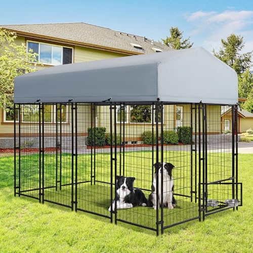 TOBYUL 8x4x6 FT Dog Kennel Outdoor for Large Dogs,Dog Enclosure Dog Cage Pet House with UV-Resistant Waterproof Cover,Double Safety Locks,Rotating Feeding Bowls (8FT*4FT)