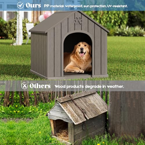 Fancyango Large Dog House Outdoor Indoor for Medium Large Dogs, Sturdy Plastic Waterproof Doghouse with Air Vents and Elevated Floor, Easy Clean and Assemble (Grey, 36.2''L×38''W×38''H)
