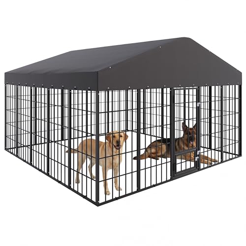 ASJMR 10x10x6 FT Large Dog Kennel Outdoor, Heavy Duty Dog Run with Waterproof Roof, Anti-Rust Galvanized Steel Dog Cage with Feeding Door, Dog Pen Enclosure with Double Locks for Outside