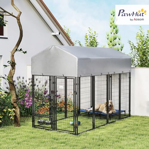 PawHut 8' x 4' x 6' Outdoor Dog Kennel, Welded Wire Dog Kennel Outside Run with 360° Rotating Bowls, Waterproof & UV Resistant Cover, for S&M&L Breeds, Chickens, Ducks, Silver