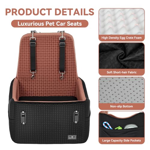 PETSFIT Dog Car Seat for Small/Medium Dogs Up to 35 lbs – Patented Safety System, 5" Memory Foam Pet Booster Car Seat, Fully Detachable and Washable Dog Carseat with 2 Storage Pockets (Black/Brown)