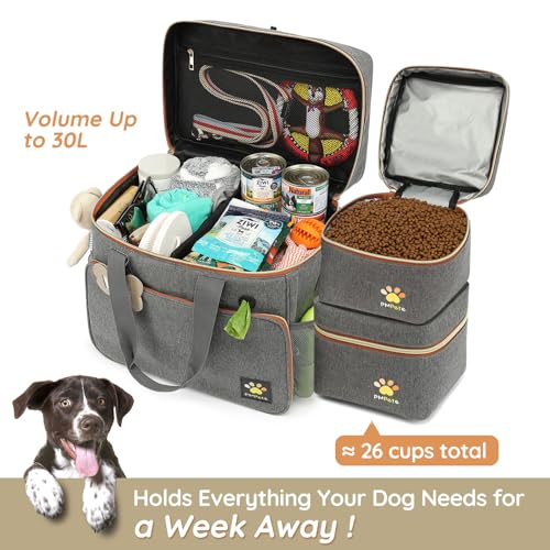 Pmpete Dog Travel Bag for Traveling| Week Away/Overnight Dog Travel Accessories with Multi-Function Pockets| Travel Set for Dogs and Cats|Ideal Pet Diaper Bag and Pet Gift Kit(Grey)
