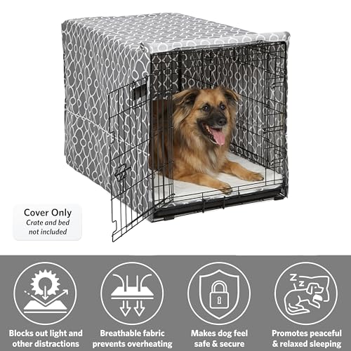 MidWest Homes for Pets Dog Crate Cover with Teflon Fabric Protector, Poly-Cotton Privacy Kennel Cover Fits Most 36-Inch Crates, Gray Designer Print, Washable, Reduces Barking