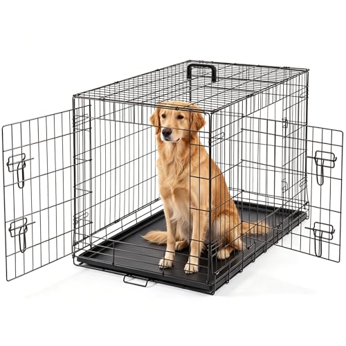 DUMOS Dog Crate, 36 Inch Medium Double Door Dog Cage with Plastic Leak-Proof Pan Tray, Handle, Folding Metal Wire Pet Kennel for Indoor, Outdoor, Travel