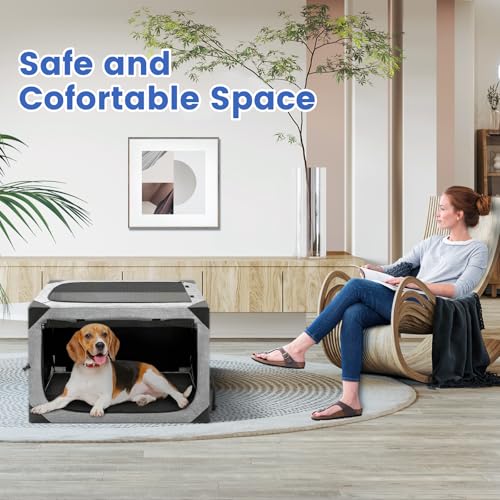 Dog Crate,36x25x25 Inch Large Dog Crate for Large or Medium Dogs, Portable and Foldable Design of Dog Cage, Perfect for Travel or Home Use, Dog Kennel with 3-Door and Durable Mesh Windows, Light Grey