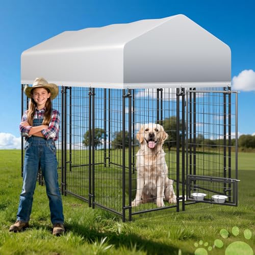 Outside Large Dog Kennel with roof, Heavy Duty Dog Enclosurewith Waterproof, 2 Rotating Dogs Bowls, Outdoor Dogs CageRun with Secure Lock (8x4x6 FT)