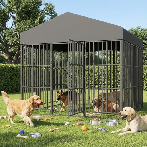 PANTAZO Large Dog Kennel Outdoor with Double Safety Locks 73''x72''x71'' Heavy Duty Welded Wire Steel Pet Pen Dog Enclosure with UV-Resistant Waterproof Roof