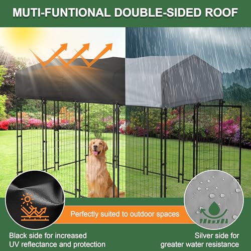 GIODIR 8x4x6 FT Outdoor Dog Kennels for Large Dogs, Heavy Duty Welded Wire Steel Outside Dog Kennel with Roof, Dog Pens with 2 Rotating Dog Bowls, Dog Playpen Fence with Secure Lock for Backyard