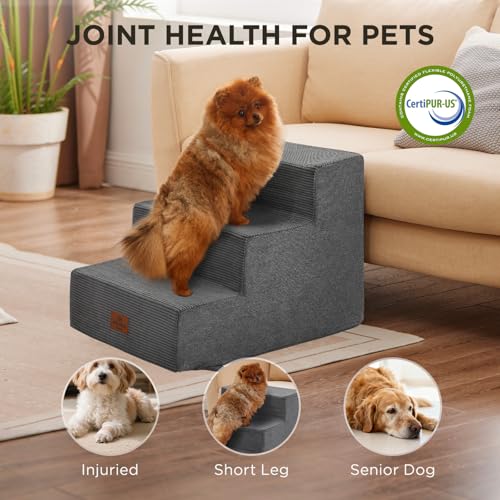 Joydeco Dog Stairs for Bed 15" H, 3-Step Pet Steps for Small Dogs and Cats, Dog Steps for High Bed, Non-Slip Balanced Ramp Indoor Pet Stairs, Gray