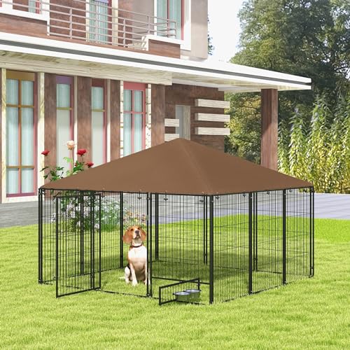 PawHut Outside Dog Kennel, 7' x 7' x 5' Puppy Play Pen with Canopy, Garden Playpen Fence Crate Enclosure Cage Rotating Bowl, for Dogs, Chickens, Ducks, Black