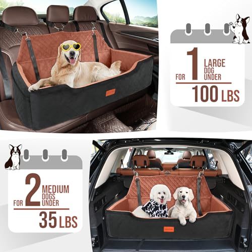 HEGGCOOE Large Dog Car Seat Under 100 lbs, Washable Dog Car Bed for 2 Medium Dogs, Detachable Pet Booster Seat with Storage Pocket and Seat Belt for Back Seat Dog Travel Bed