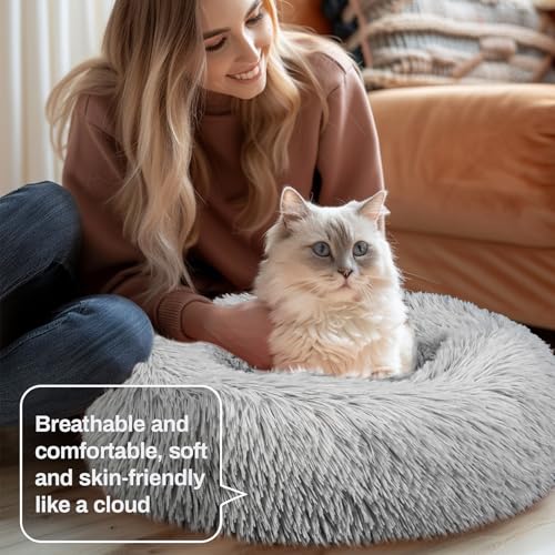 Cat Bed - Calming Cat Bed for Small Kittens Donut Washable Round for Indoor Kittens and Puppies, Anti-Slip Round Fluffy Plush Faux Fur, Small, Light Grey