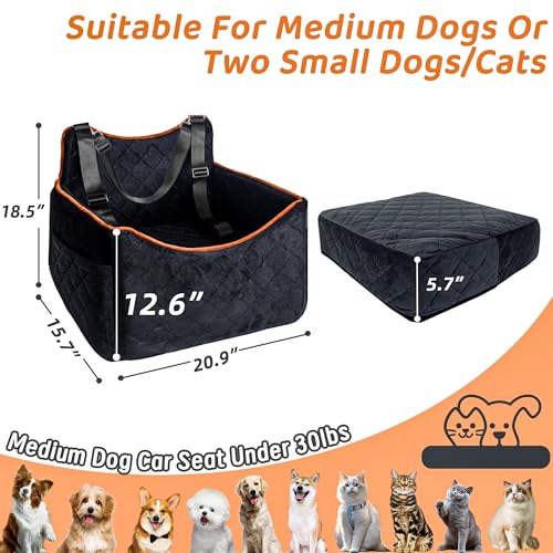 Dog Car Seat for Medium Sized Dogs 30 lbs, Safety Booster Seat for Small Dogs Hooks to The Seatbelt & with Elevated Cushion, Soft Waterproof Washable Small Dog Car Seat with Storage Pockets (Black)