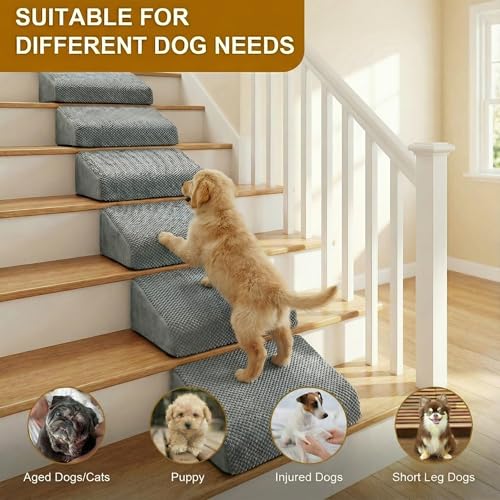 6-Pack Dog Ramp for Stairs, 40D High-Density Foam Pet Steps with Gentle 20°Slope for Staircase Stairs, Non-Slip Puppy Ramp for Small, Senior & Injured Dogs