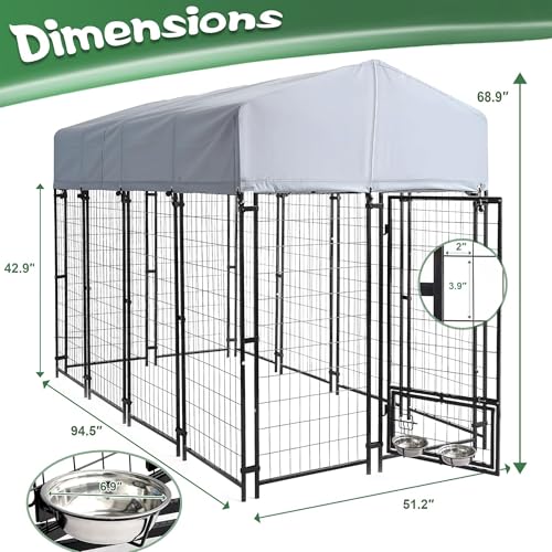 GIODIR 8x4x6 FT Outdoor Dog Kennels for Large Dogs, Heavy Duty Welded Wire Steel Outside Dog Kennel with Roof, Dog Pens with 2 Rotating Dog Bowls, Dog Playpen Fence with Secure Lock for Backyard
