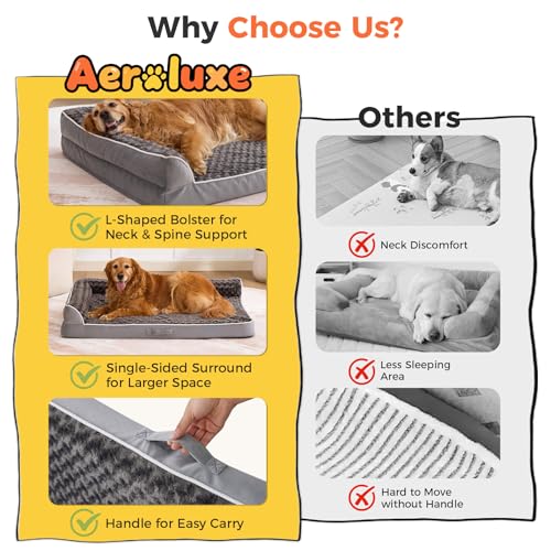Aeroluxe Dog Beds Large Sized Dogs, XL Orthopedic Dog Beds for Large Dogs 42"x30"x7.5", Waterproof Pet Bed with Washable Cover, L-Shaped Pet Couch with Portable Handle, Grey