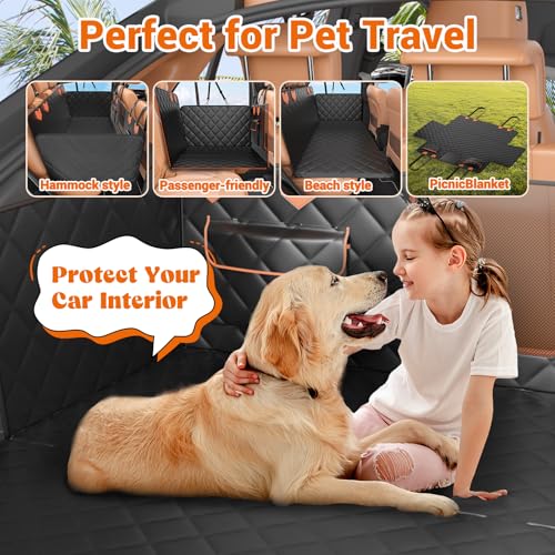 IJVAE Dog Seat Cover for Back Seat, Hard Bottom Back Seat Extender Holds 500 lbs, Waterproof & Nonslip Car Hammock for Large Pets, Comfortable Travel Seat Protector for SUV and Sedan