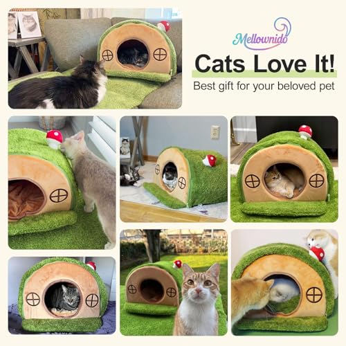 Mellownido Cat House for Indoor Cats - Cute Cat Bed Cave, Tree Hole Cat Bed Tent for Kittens and Small Medium Pets with Removable Washable Cushion & Anti-Slip Bottom, Enclosed Kitten Bed Hideaway