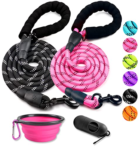 COOYOO 2 Pack Dog Leash 5 FT Heavy Duty - Comfortable Padded Handle - Reflective Dog Leash for Medium Large Dogs with Collapsible Pet Bowl