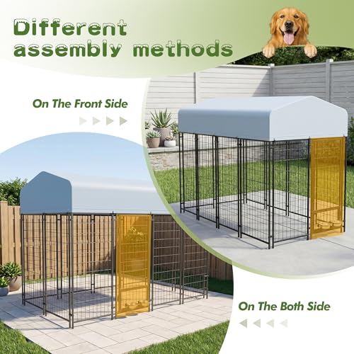 TOBYUL 8x4x6 FT Dog Kennel Outdoor for Large Dogs,Dog Enclosure Dog Cage Pet House with UV-Resistant Waterproof Cover,Double Safety Locks,Rotating Feeding Bowls (8FT*4FT)